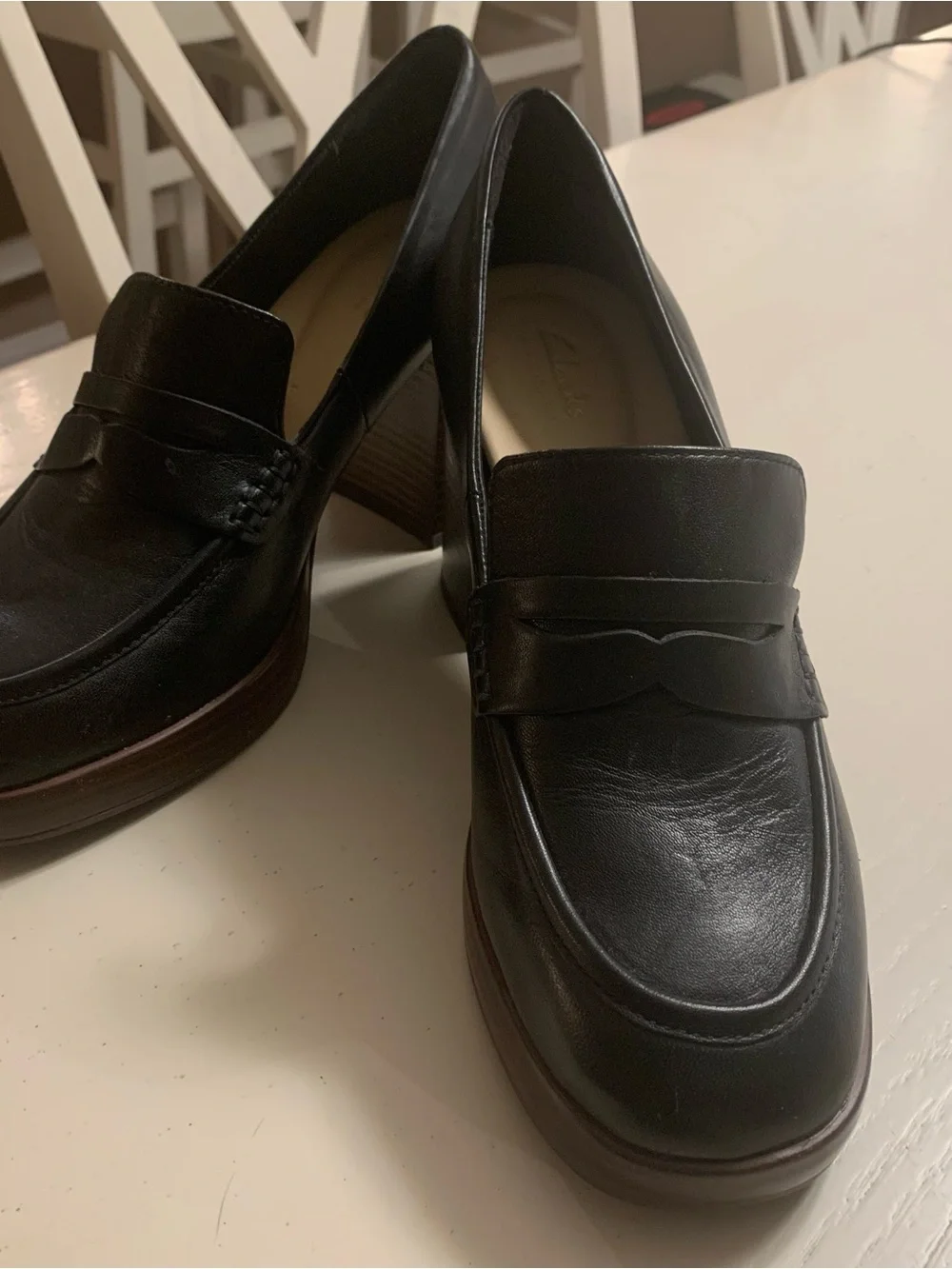 Clarks Black Leather Penny Loafers with Stacked Heel